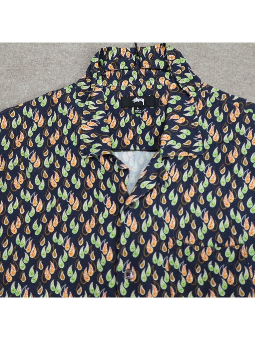 Stussy Mens Hawaiian Shirt Large Black Paisley Camp Loop Collar Lyocell Portugal